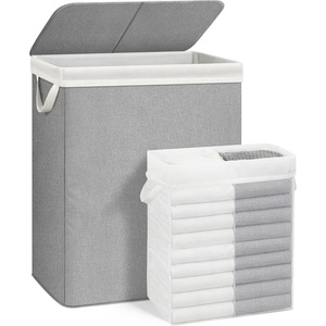 image:imageSTORAGE MANIAC Double Laundry Hamper with Lid 140L Tall Metal Frame Laundry Baskets with Removeable Bag Large Clothes Hamper with PU Tag Laundry Bin for Dorm Collage Bathroom Bedroom GrayGray